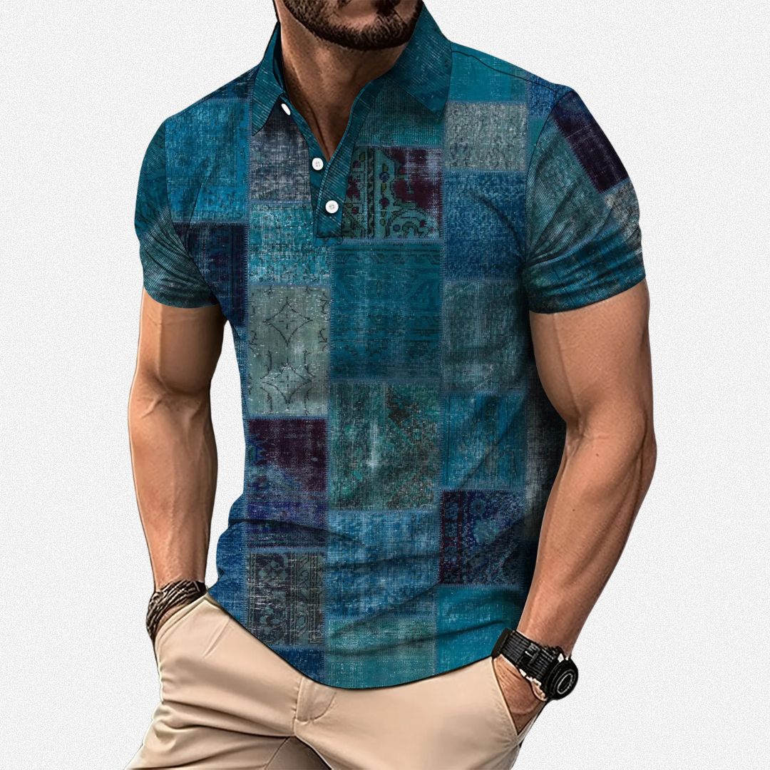 Polo-shirt heren met grafische patchworkprint