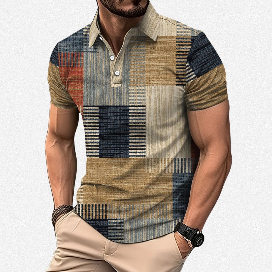 Polo-shirt heren met grafische patchworkprint