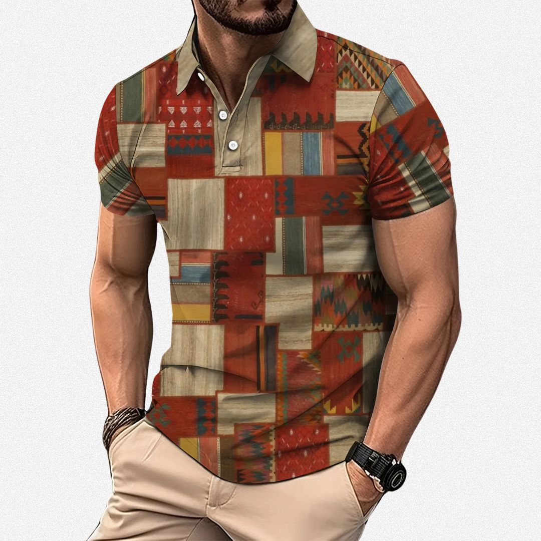 Polo-shirt heren met grafische patchworkprint