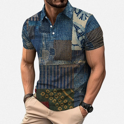 Polo-shirt heren met grafische patchworkprint