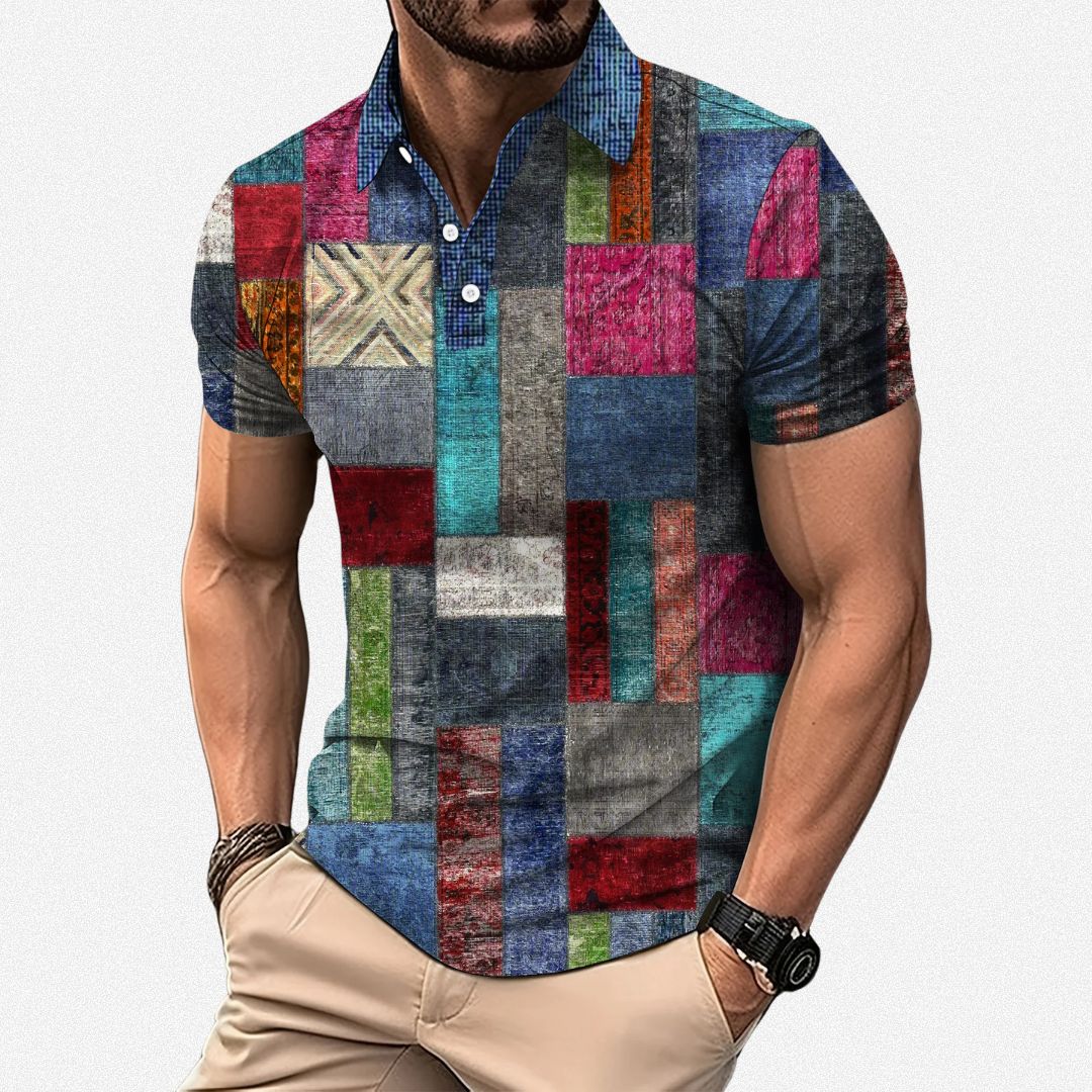 Polo-shirt heren met grafische patchworkprint