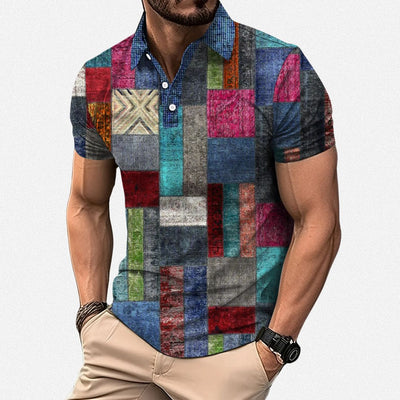 Polo-shirt heren met grafische patchworkprint